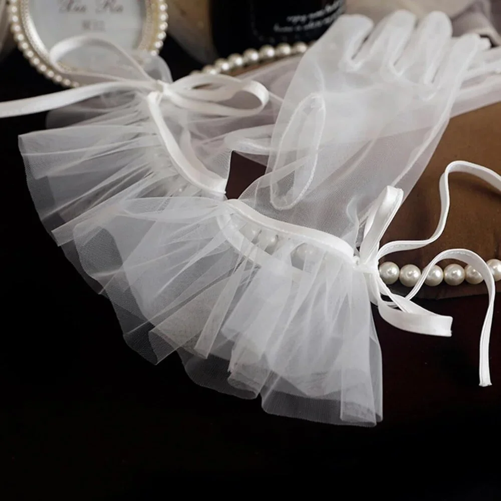 Women's Tulle Long Keeper Bow Lace Gloves White Opera Bridal Wedding Party Tea